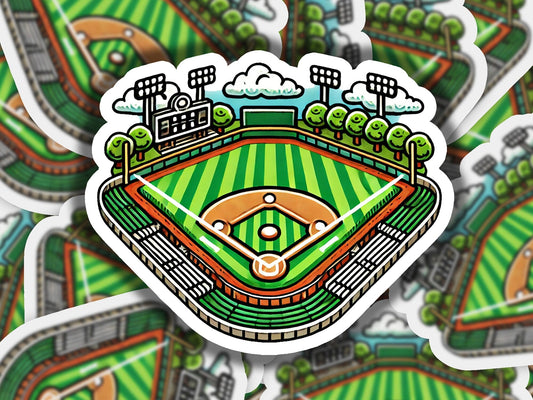a sticker of a baseball field with trees and clouds