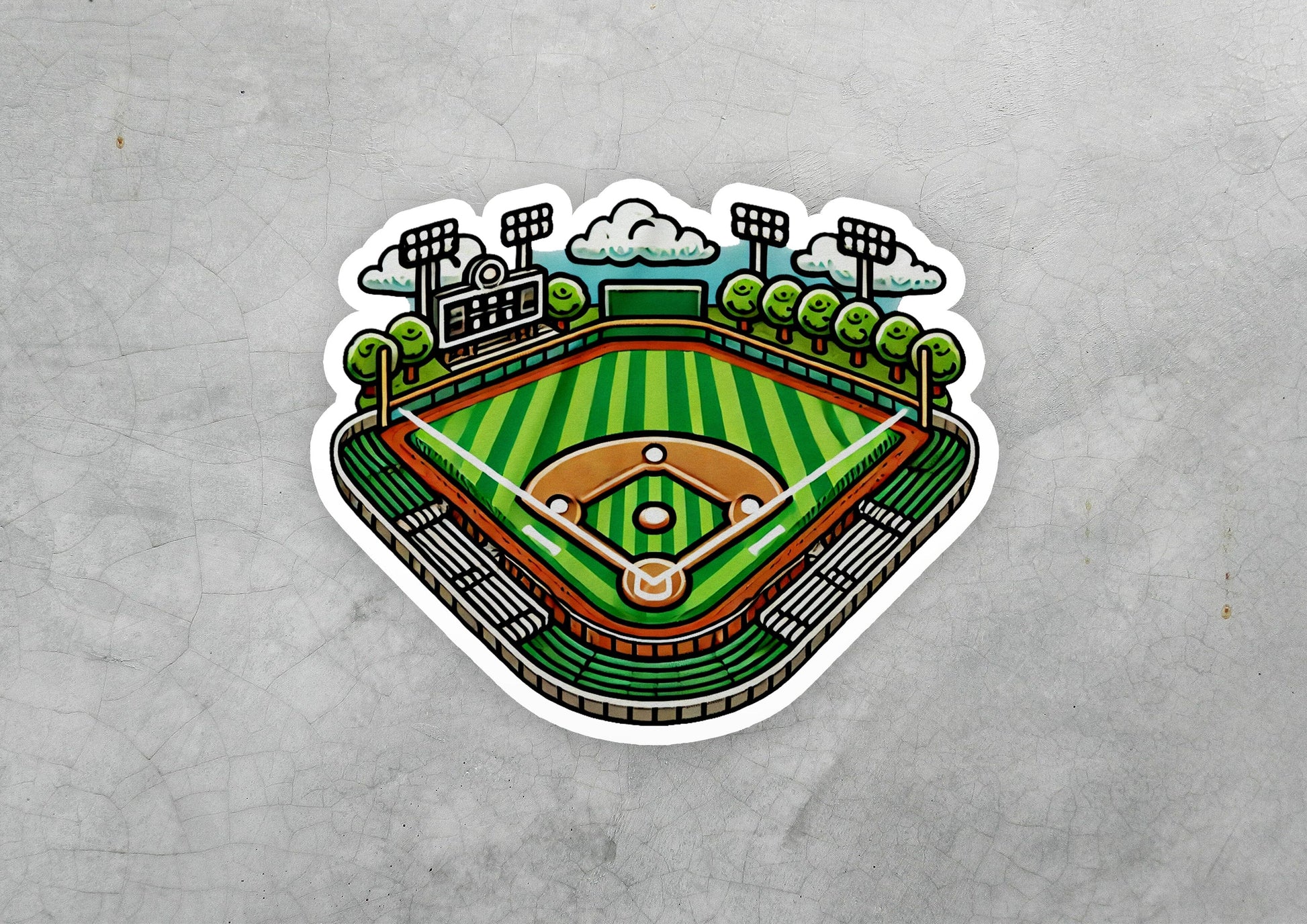 a sticker of a baseball field with a sky background