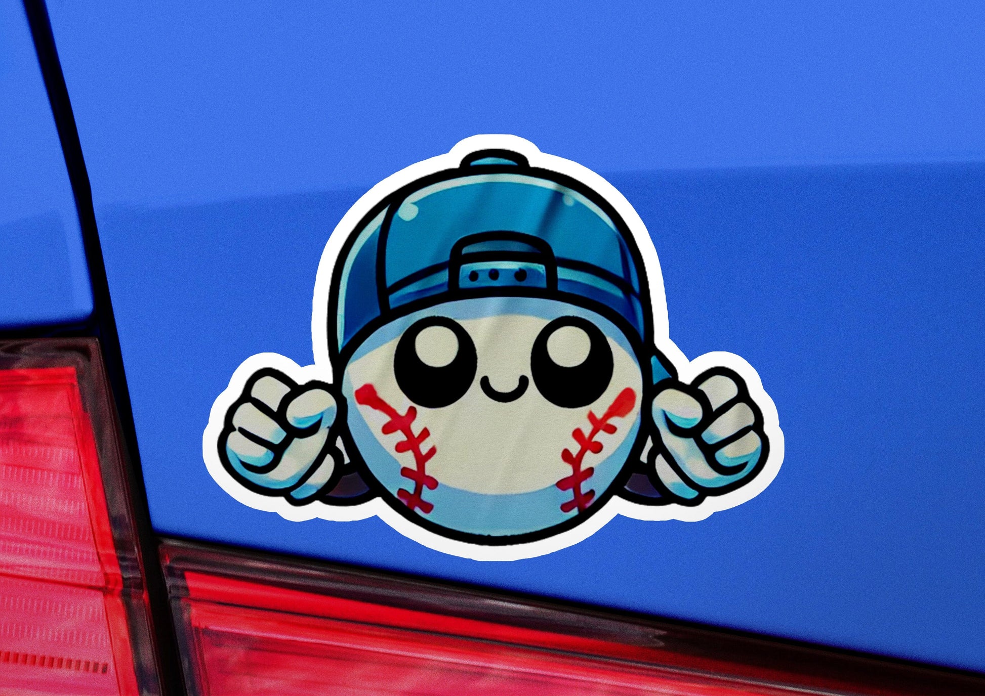 a baseball sticker on the back of a car