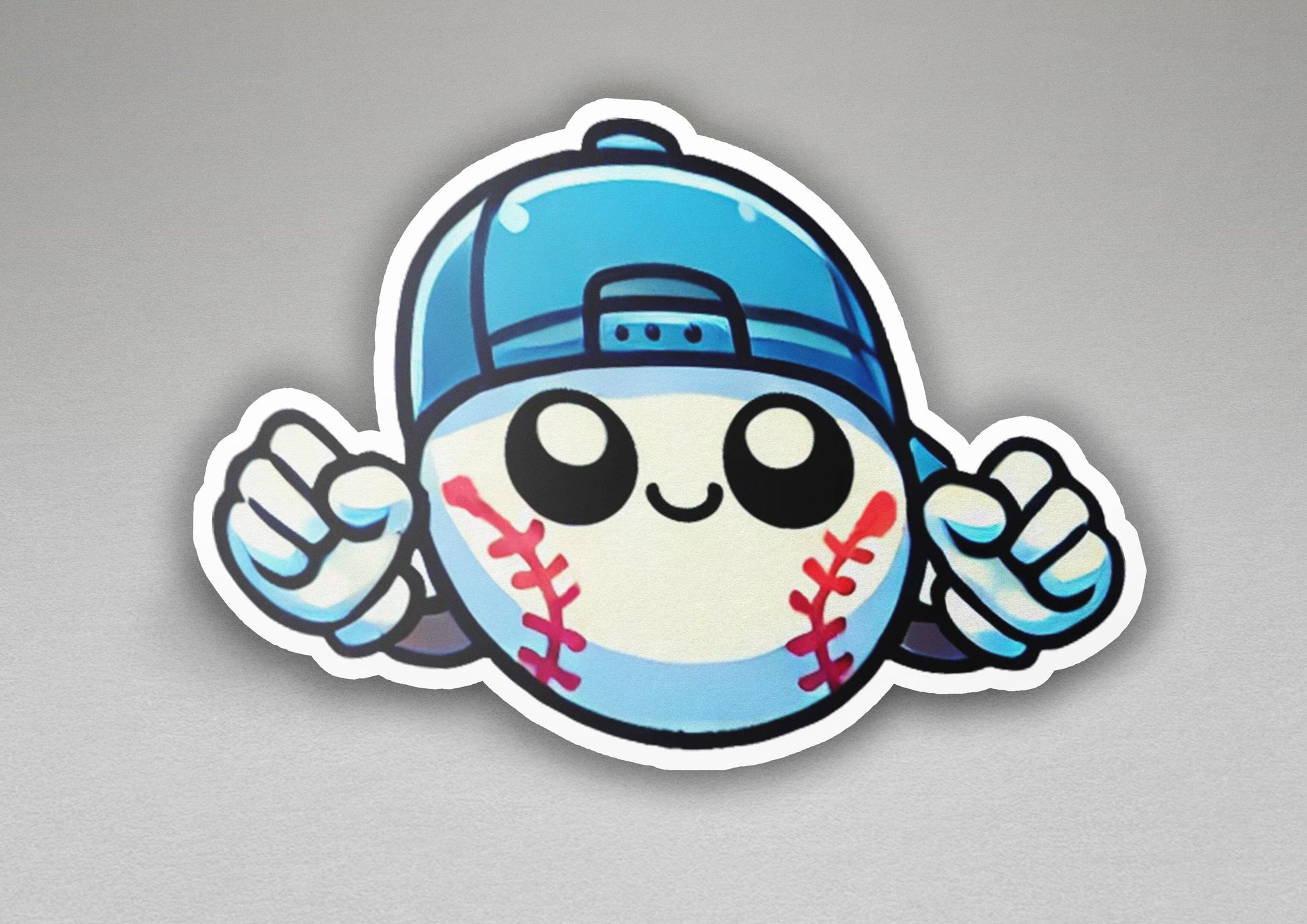 a sticker of a baseball with a hat on