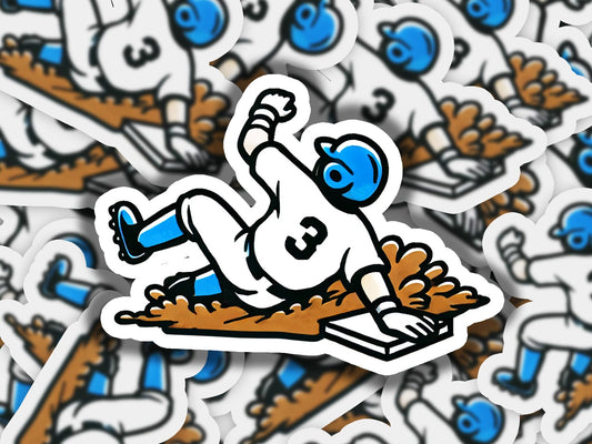 a sticker of a baseball player sliding into a base