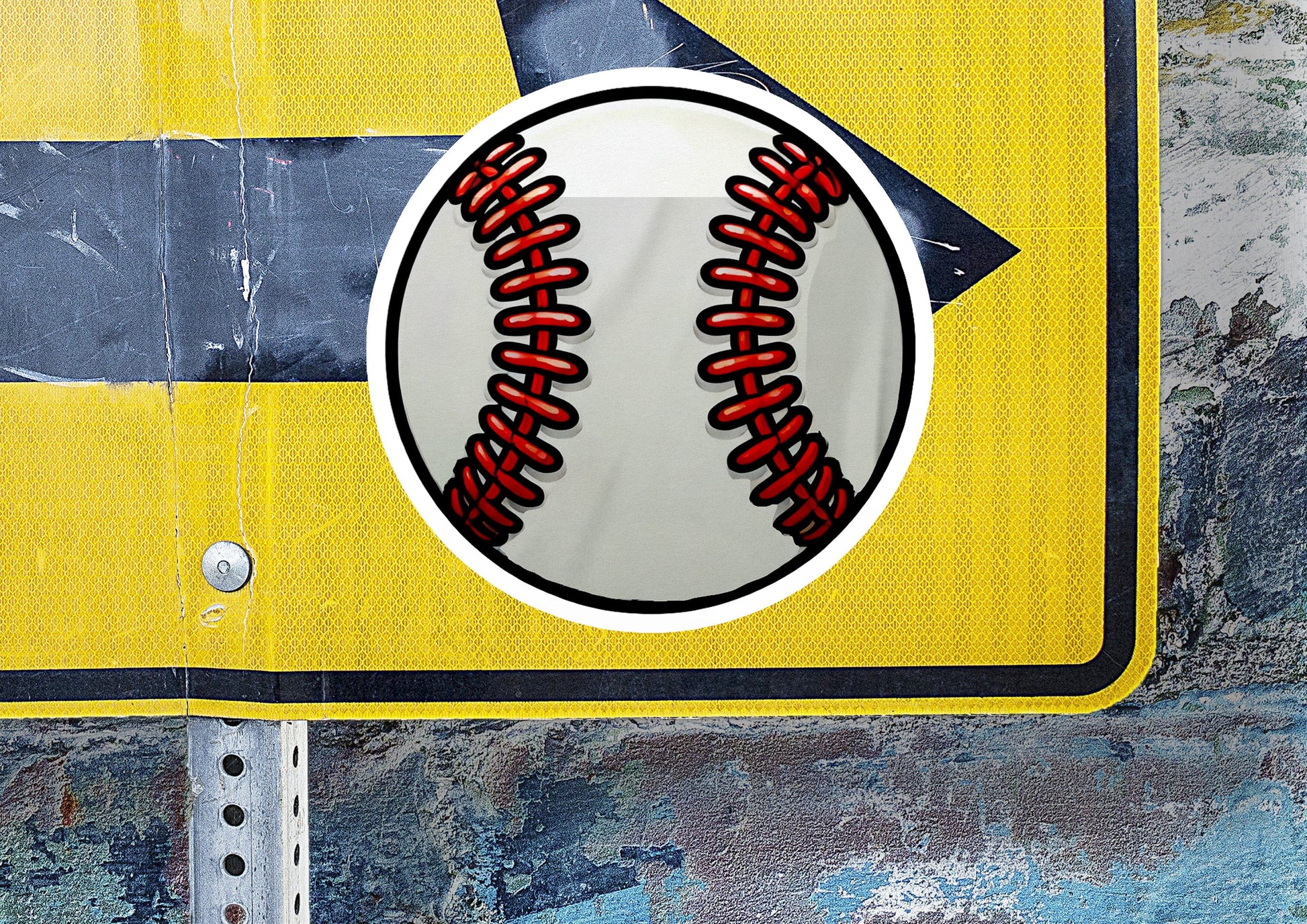 a close up of a street sign with a baseball on it
