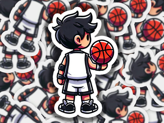 a sticker of a boy holding a basketball