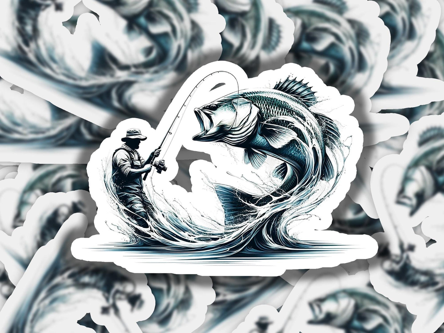 a drawing of a man fishing on a large fish
