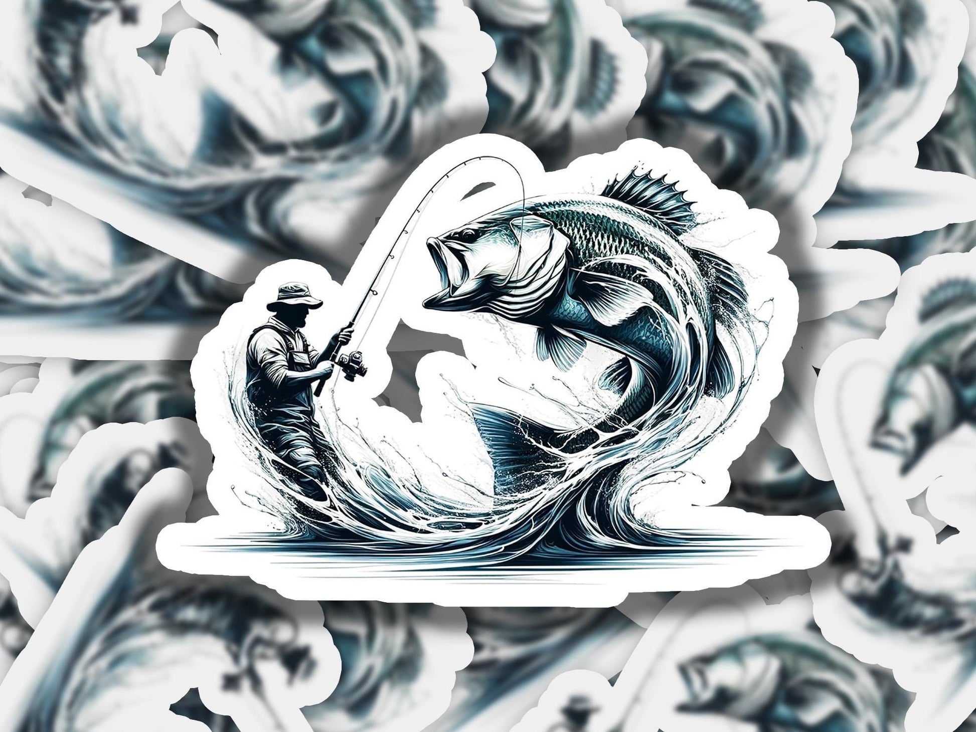 a drawing of a man fishing on a large fish
