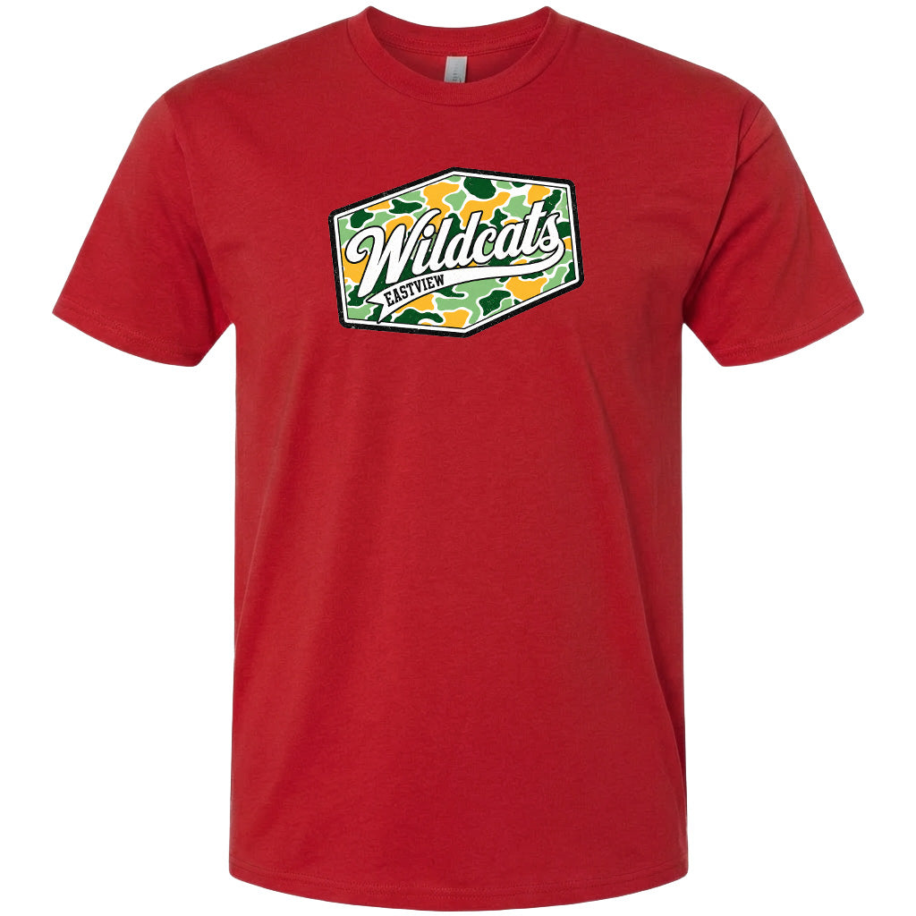 A red t-shirt with a graphic design featuring the word "Wildcats" in a stylized font.