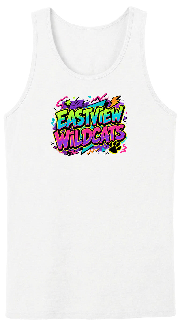 A white tank top with a colorful graphic design featuring the text "EASTVIEW WILDCATS" in a vibrant, retro-style font.