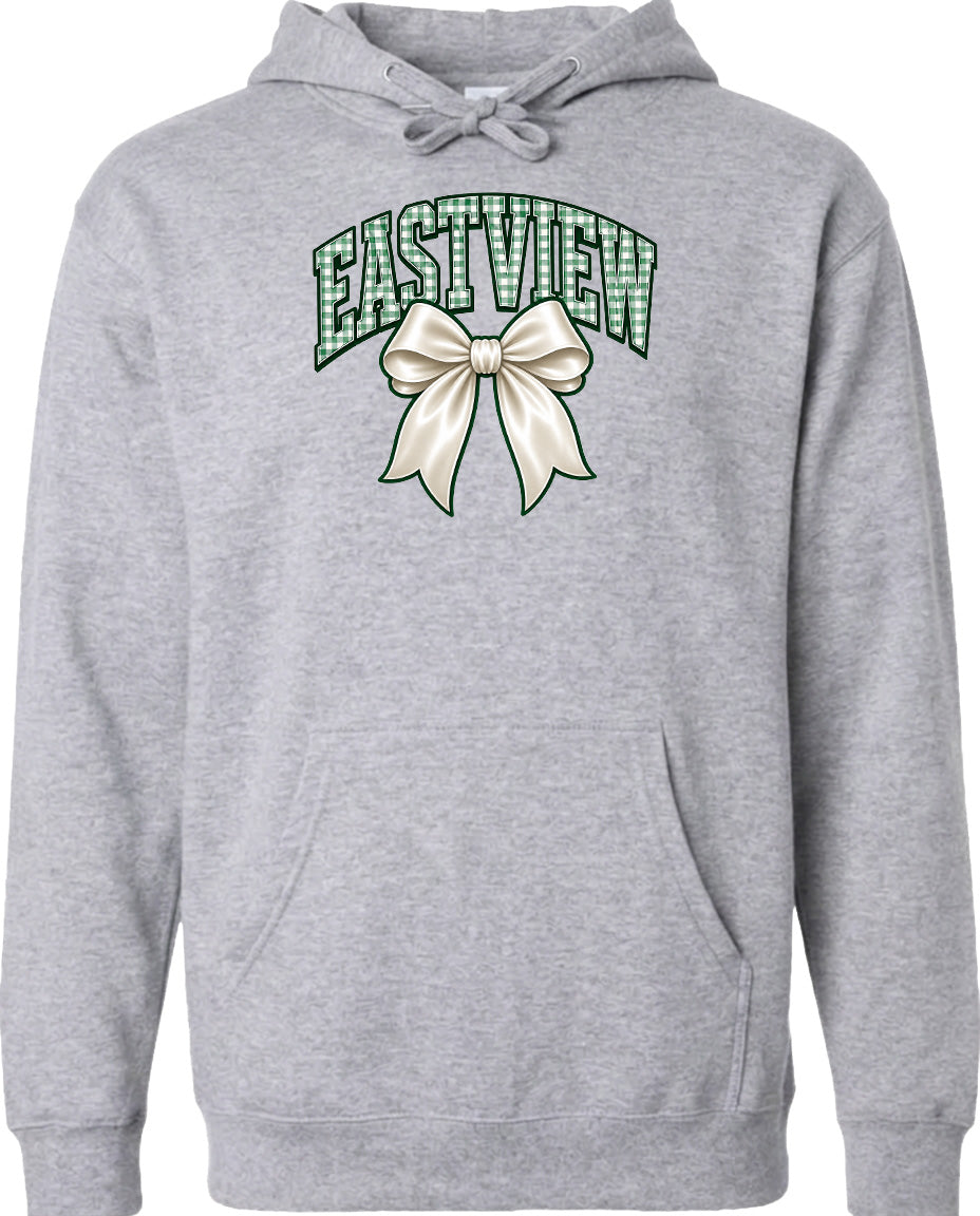 A gray hoodie with a graphic design on the front.
