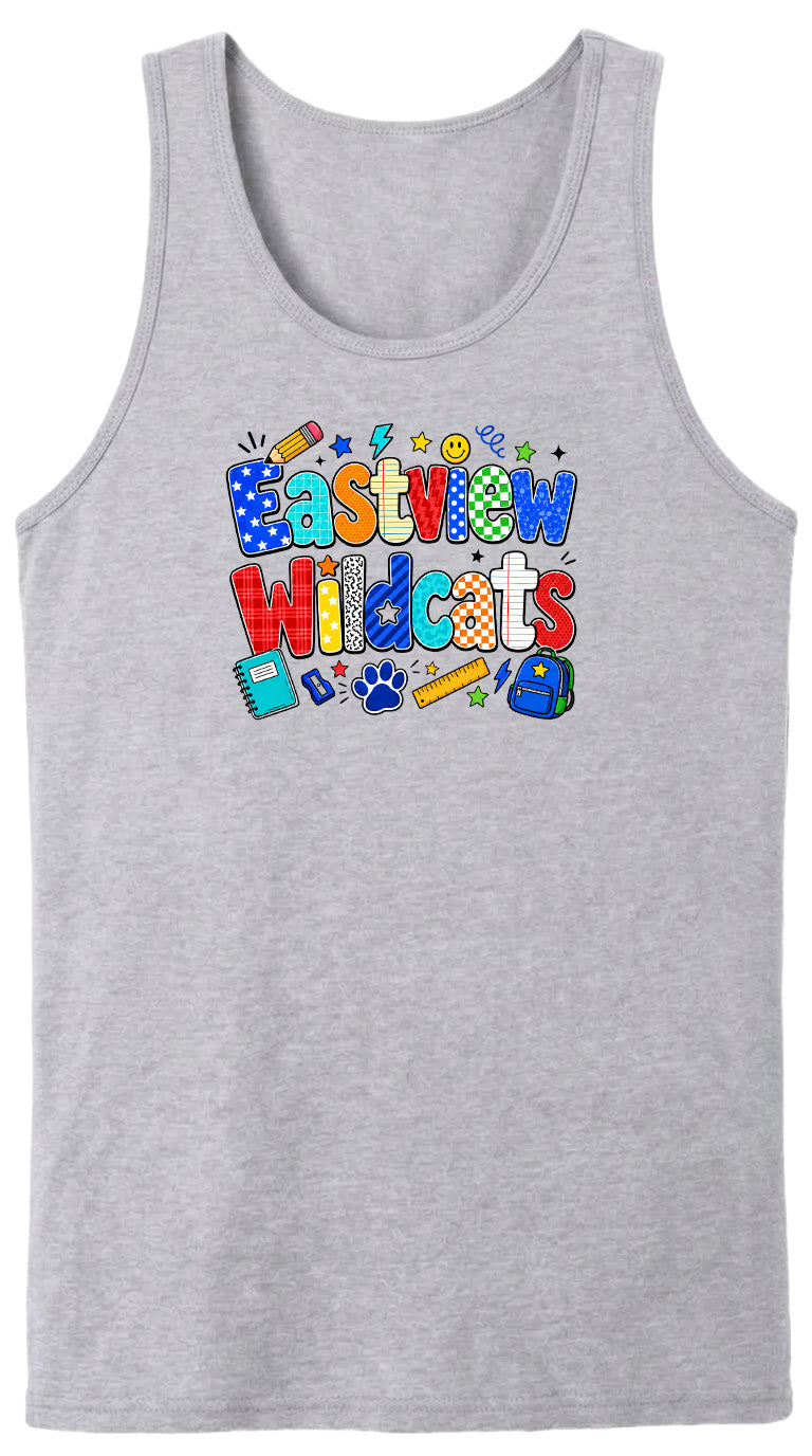 A gray tank top with a colorful graphic design featuring the text "Eastview Wildcats" and various school-related icons such as a pencil, backpack, and book.