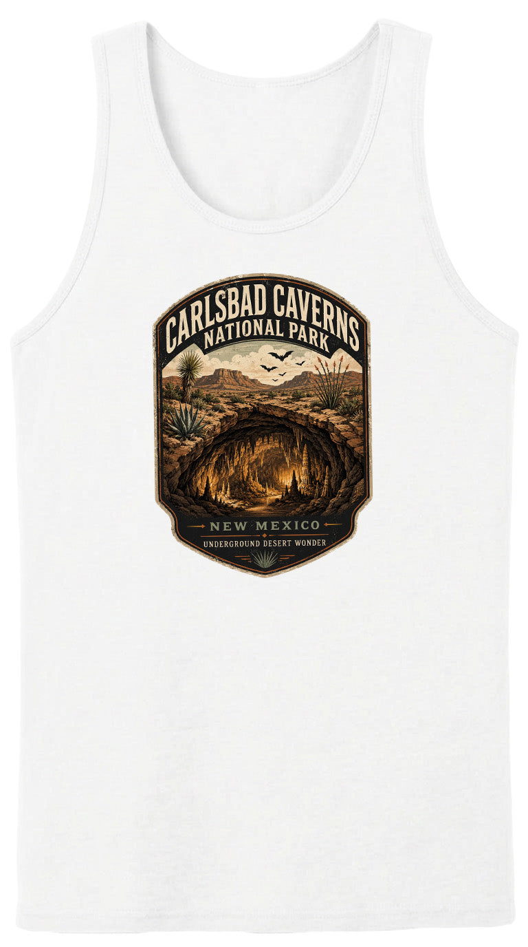 A white tank top with a graphic design depicting the Carlsbad Caves National Park in New Mexico, featuring a desert landscape with a cave system and desert vegetation.