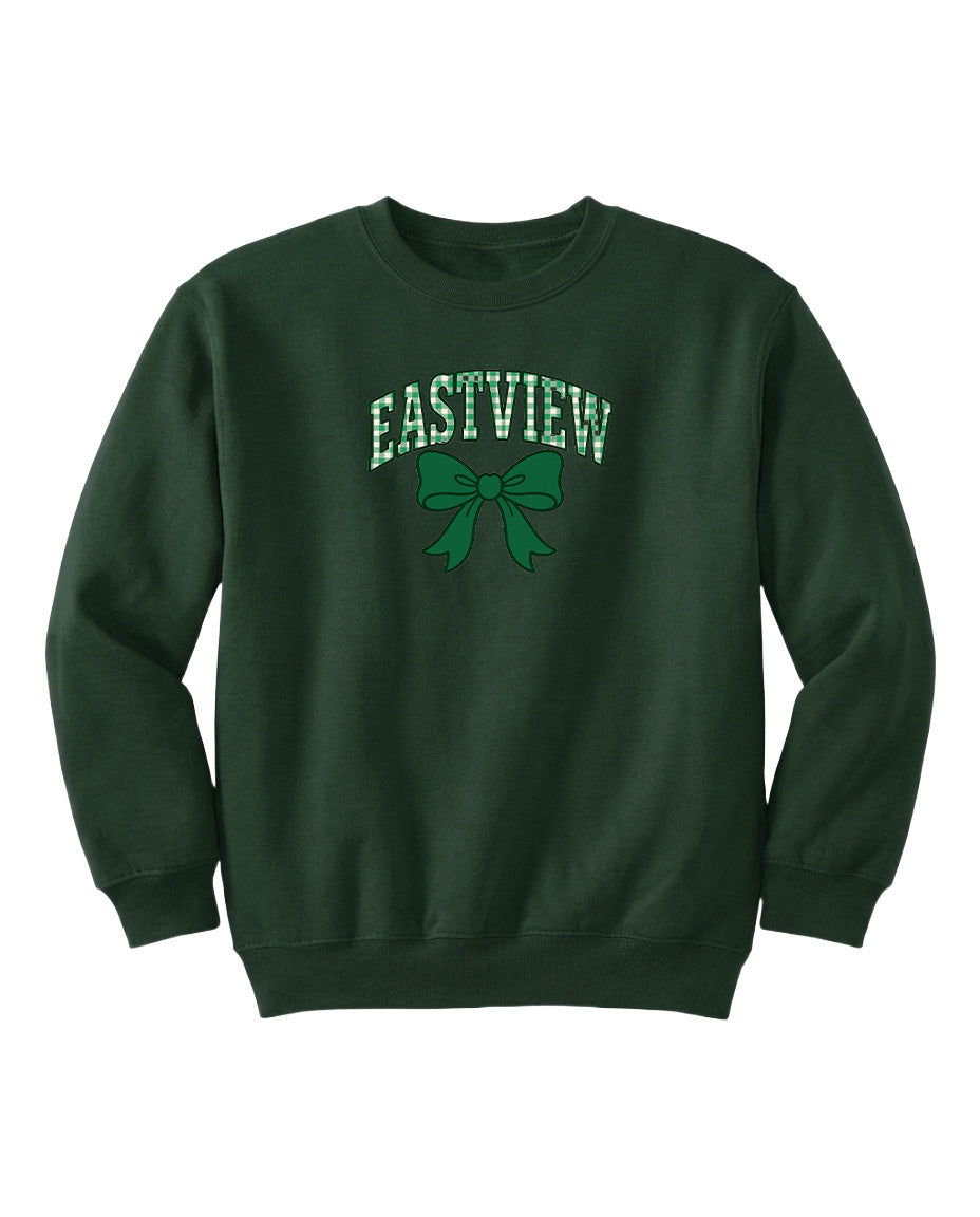 A dark green sweatshirt with the text "EASTVIEW" and a green bow graphic printed on it.