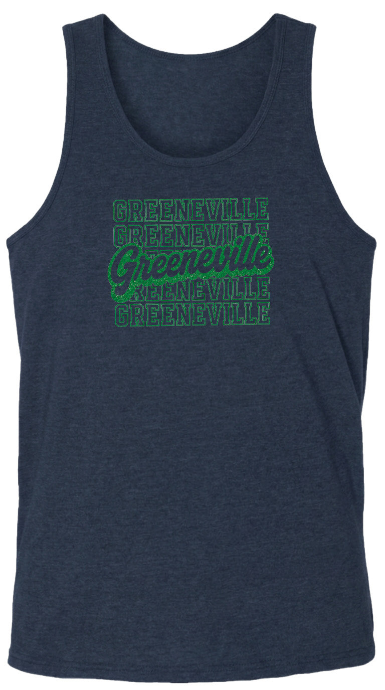 A dark blue tank top with the text "Greenville" printed in green on it.