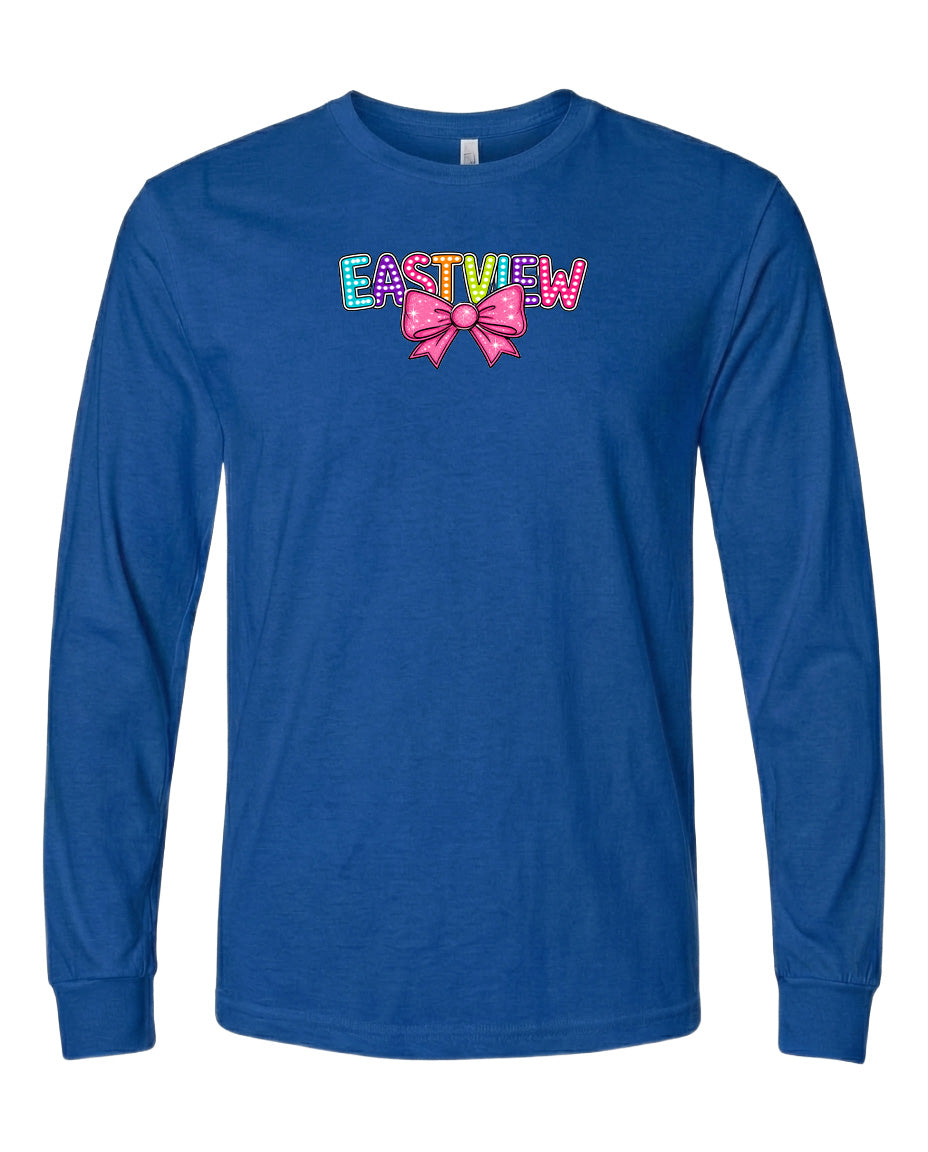 A blue long-sleeved t-shirt with the text "EASTVIEW" and a bow graphic printed on it.