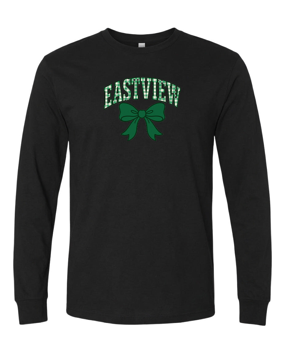 A black long-sleeved t-shirt with a green bow and the word "EASTVIEW" printed on it.