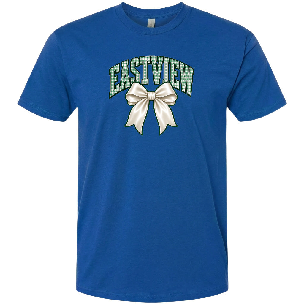 A blue t-shirt with a graphic design featuring a white bow and the word "EASTVIEW" printed on it.