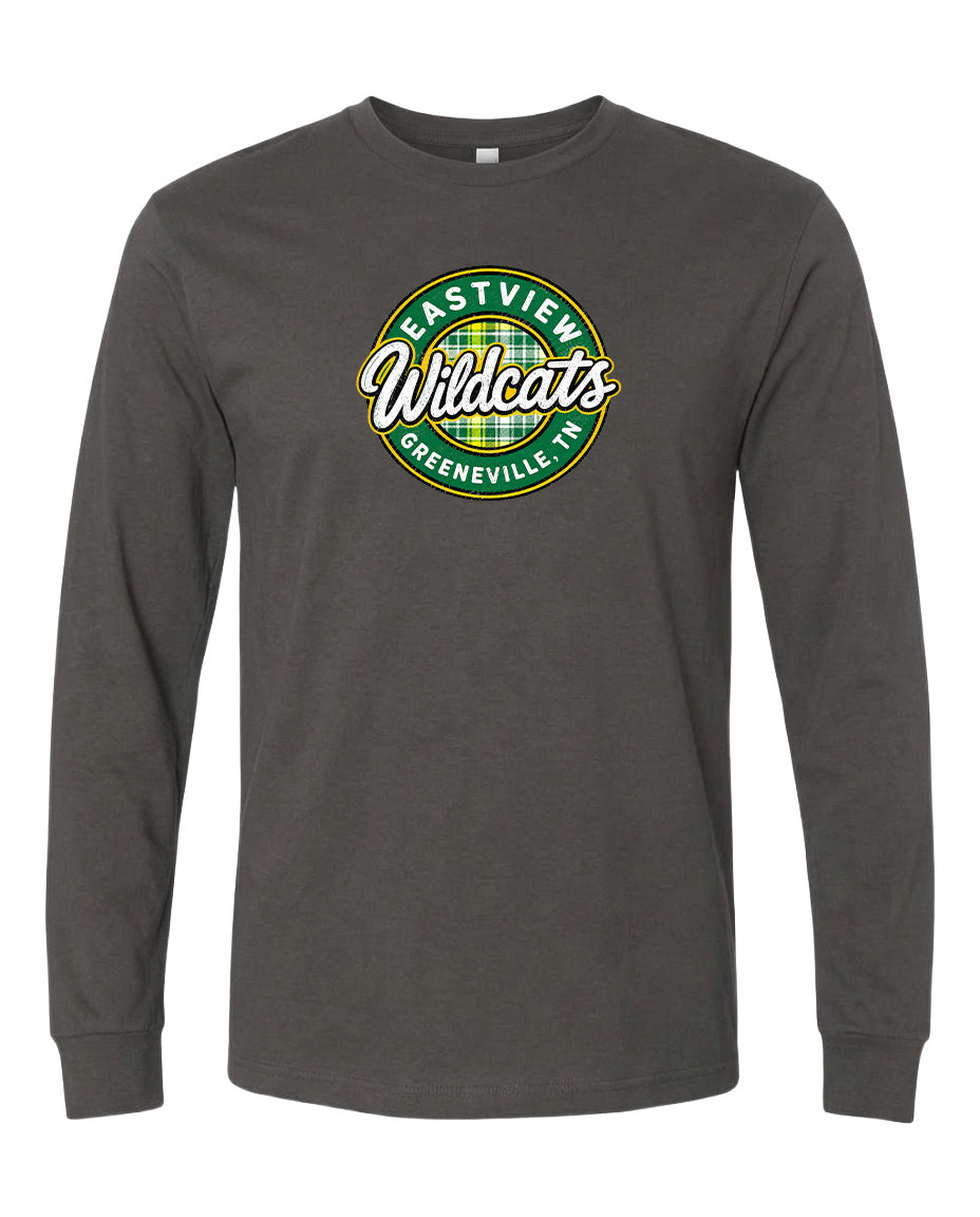A gray long-sleeved t-shirt with a circular logo on the front. The logo features the text "Eastview Wildcats" and "Greenville, NC" in a stylized font.