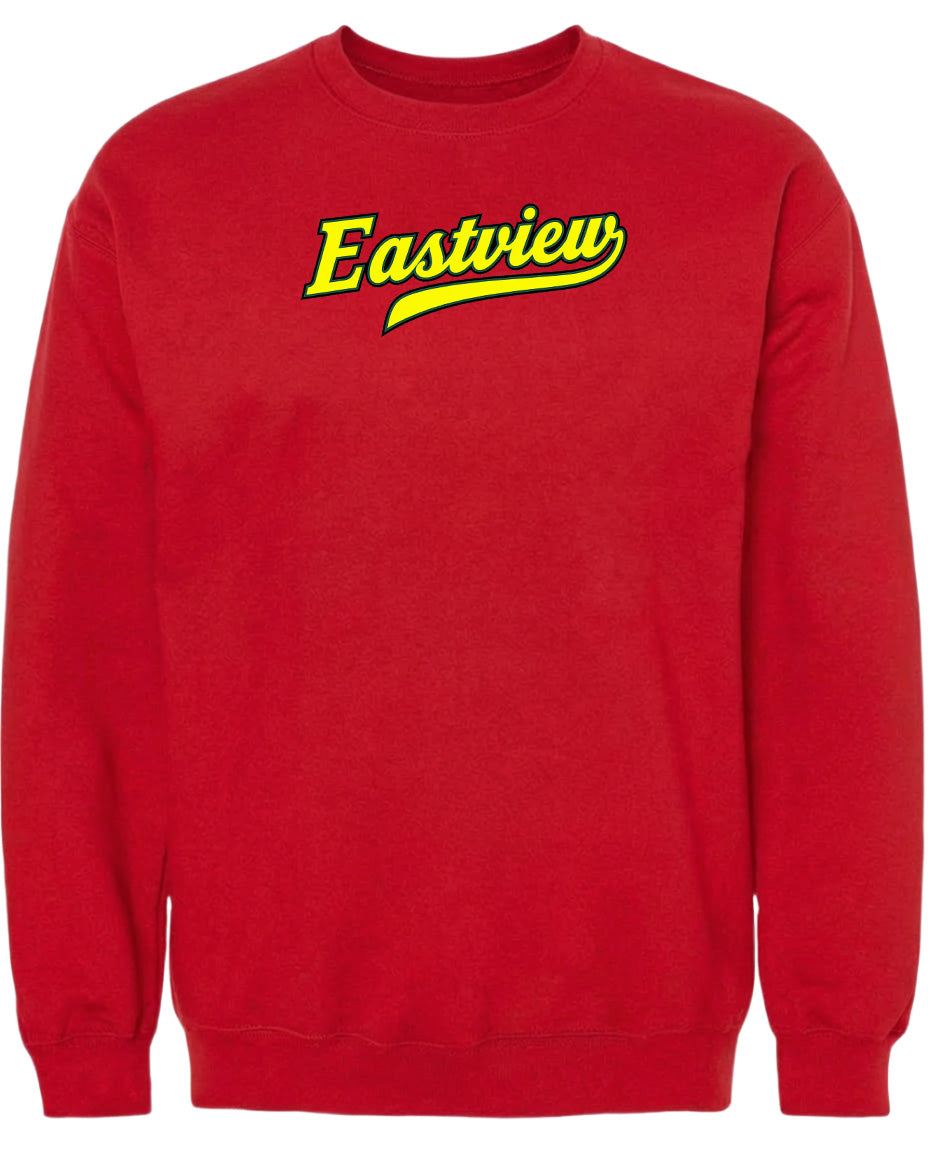 A red sweatshirt with the word "Eastview" printed on it in yellow text.