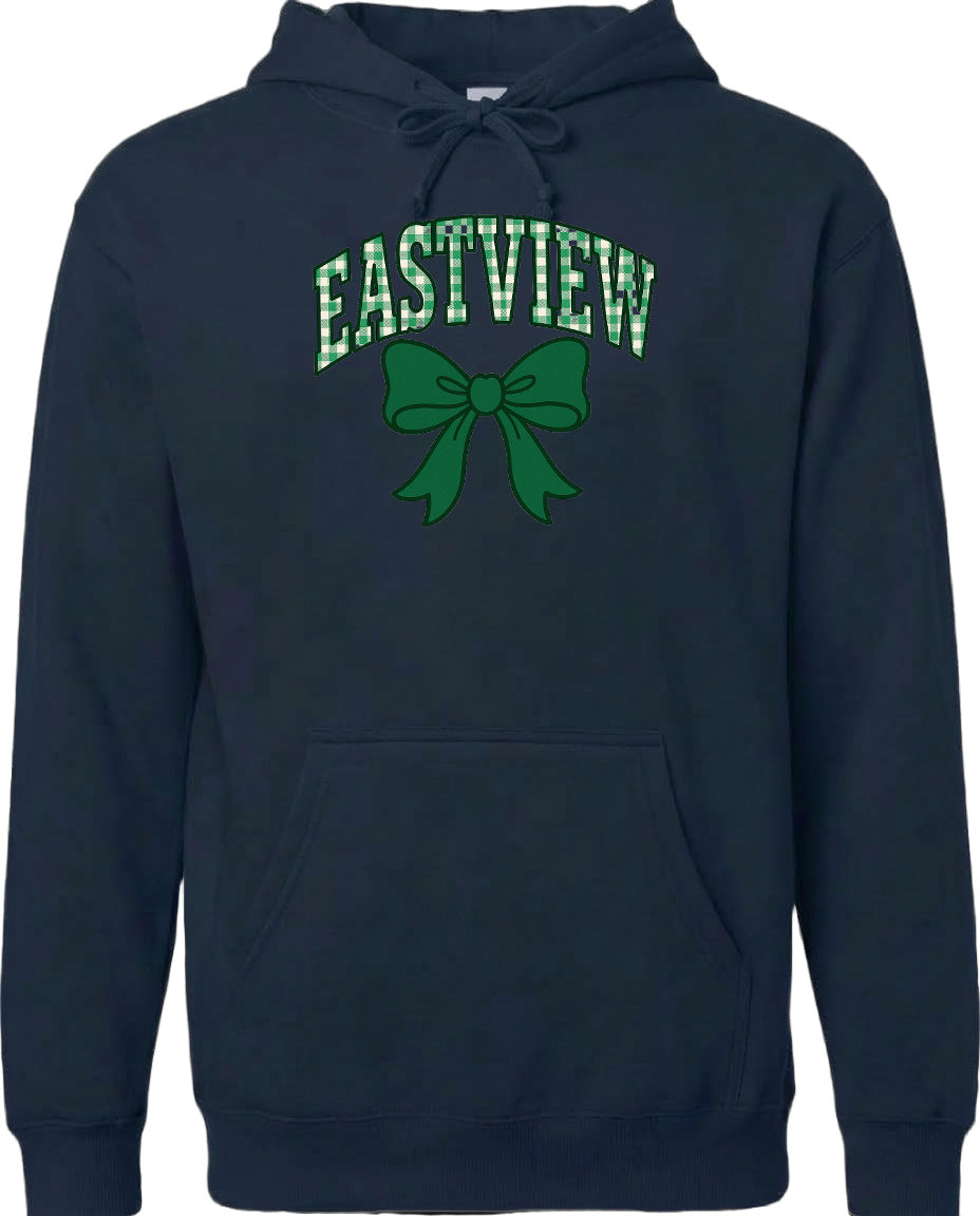 A navy blue hoodie with a green bow and the word "EASTVIEW" printed on it.