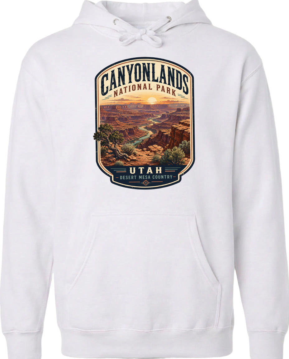 A white hoodie with a graphic design depicting the scenic landscape of Canyonlands National Park in Utah.