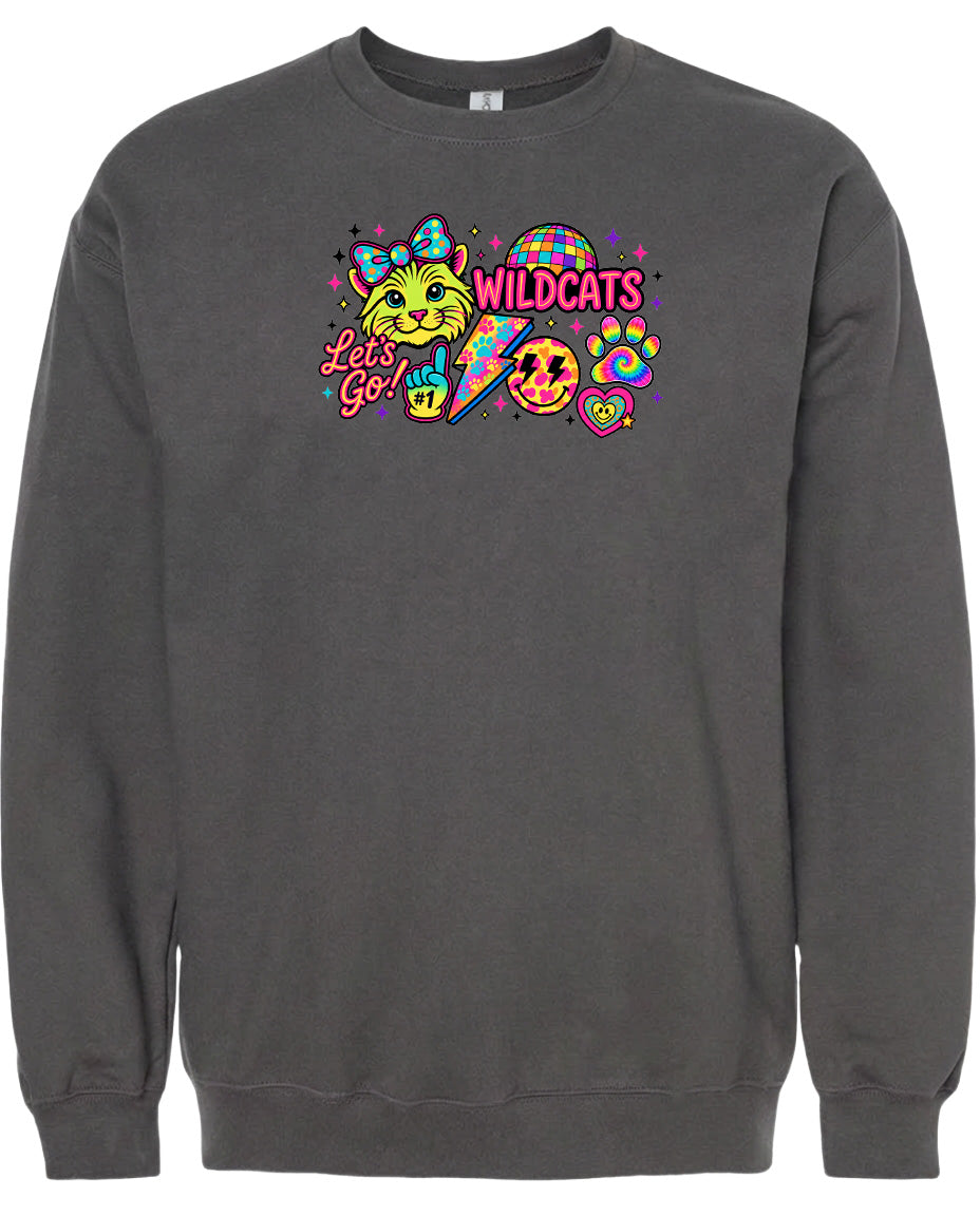 A gray sweatshirt with a colorful graphic design featuring a cat, a rainbow, and various other elements.