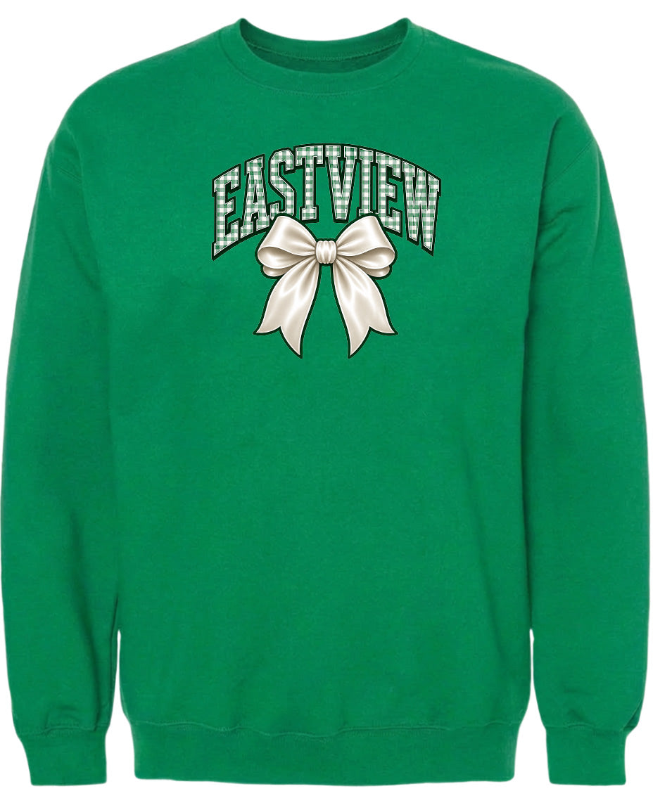 A bright green sweatshirt with a white bow and the word "EASTVIEW" printed on it.