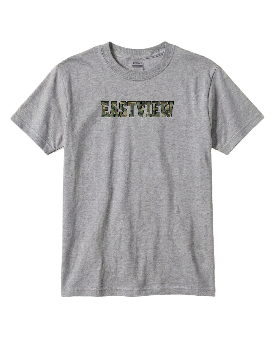 A gray t-shirt with the word "EASTVIEW" printed on it in a camouflage pattern.