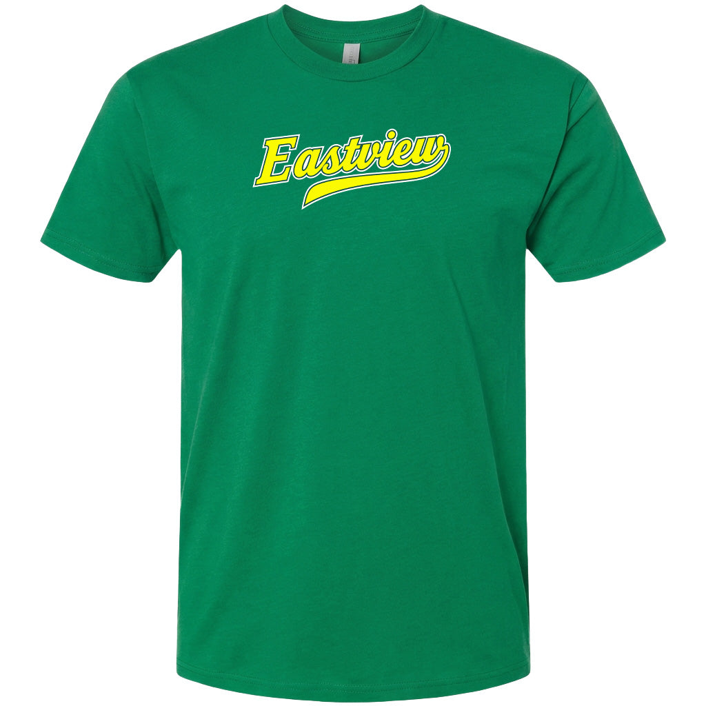 A green t-shirt with the word "Eastview" printed on it in yellow lettering.
