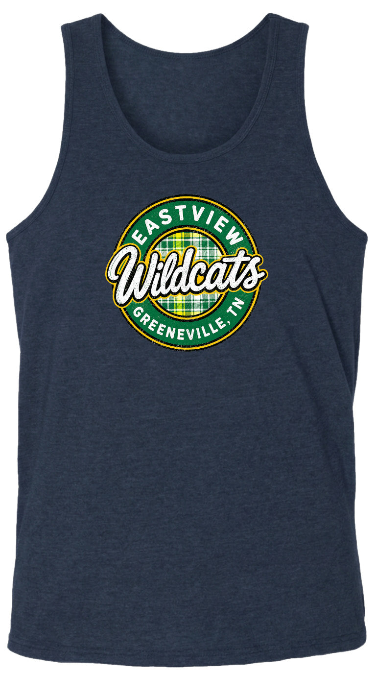 A dark blue tank top with a circular logo on it. The logo features the text "EASTVIEW Wildcats" and "Greeneville, TN" in a stylized font.