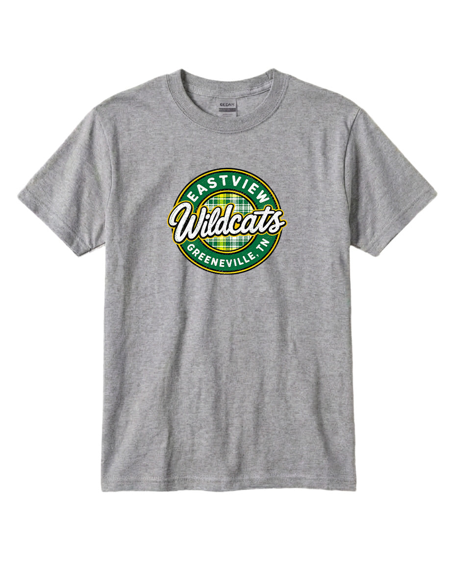 A gray t-shirt with a circular logo that says "East View Wildcats Greeneville, TN".