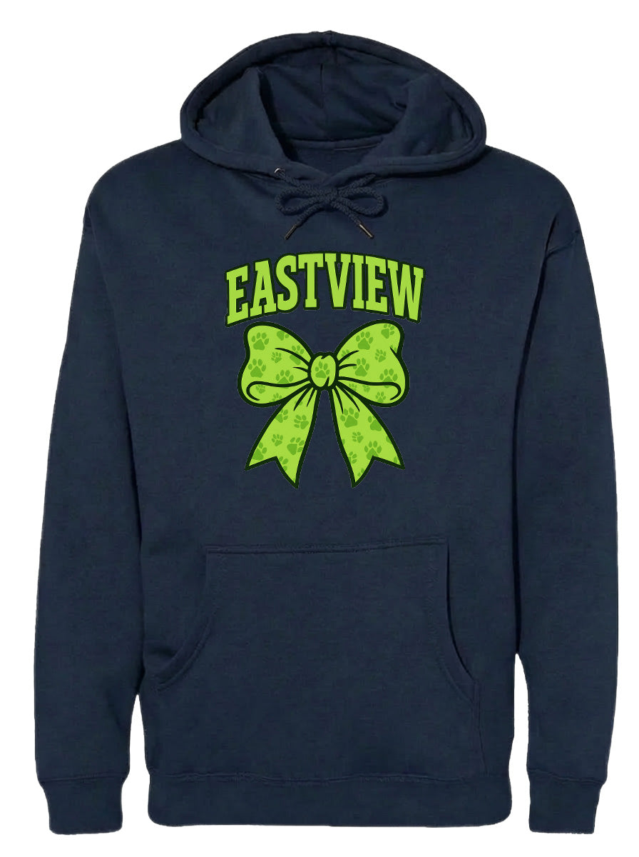 A navy blue hoodie with a green bow and the word "EASTVIEW" printed on it.