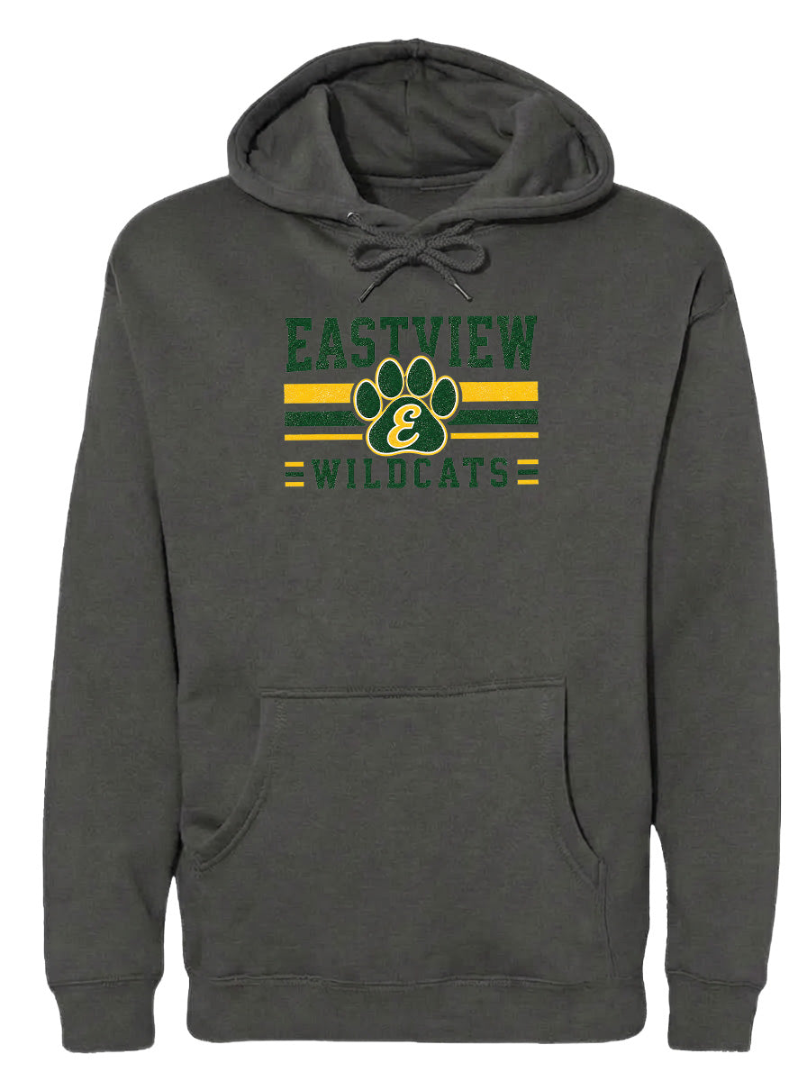 A gray hoodie with a graphic design featuring a paw print and the text "EASTVIEW WILDCATS" printed on it.