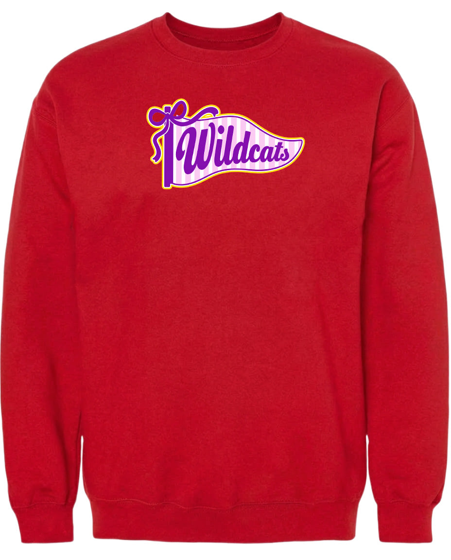 A red sweatshirt with a graphic design featuring the word "Wildcats" in purple and yellow colors.