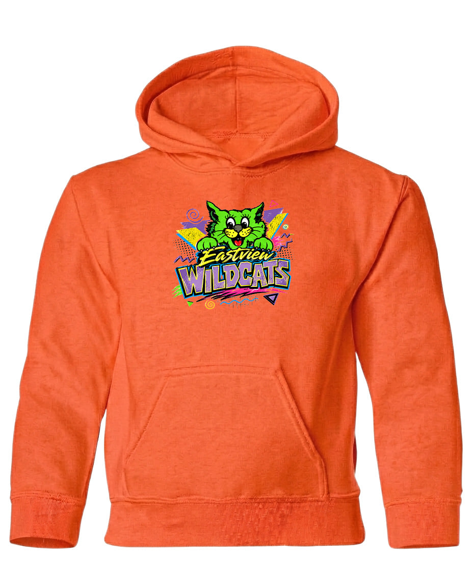 An orange hoodie with a graphic design featuring a cartoon cat and the text "Eastview Wildcats".