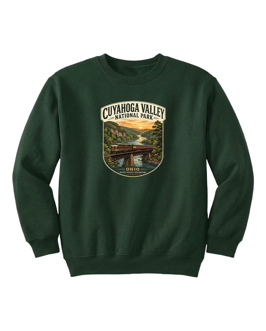 A green sweatshirt with a graphic design depicting a scenic view of the Cuyahoga Valley National Park in Ohio.