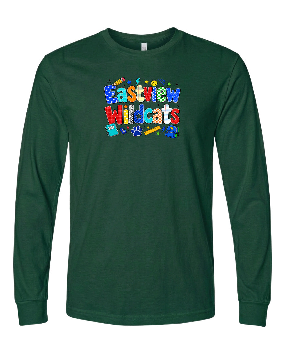 A long-sleeved green t-shirt with a colorful graphic design featuring the text "Eastview Wildcats" and various school-related icons.