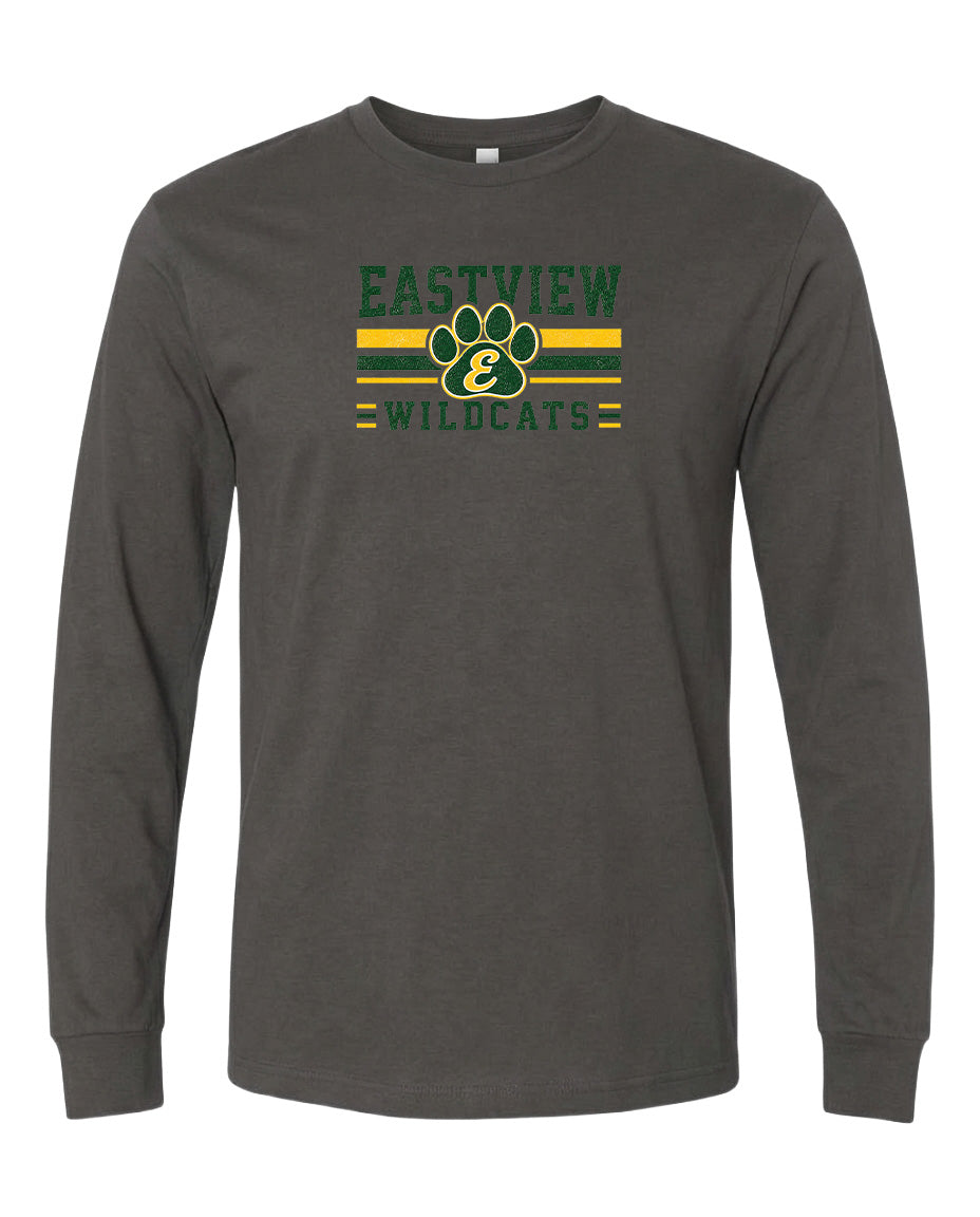 A gray long-sleeved t-shirt with a graphic design featuring a paw print and the text "EASTVIEW WILDCATS" printed on it.