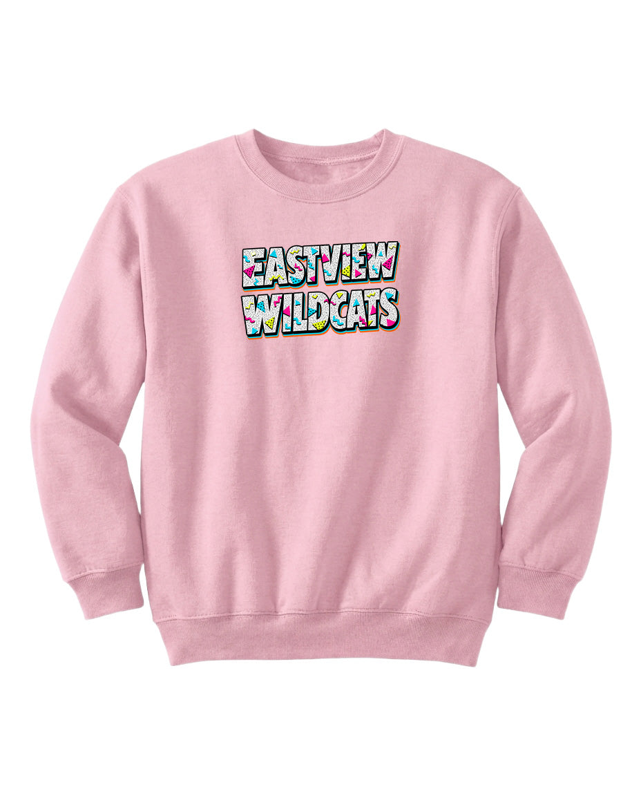 A pink sweatshirt with the text "EASTVIEW WILDCATS" printed on it.