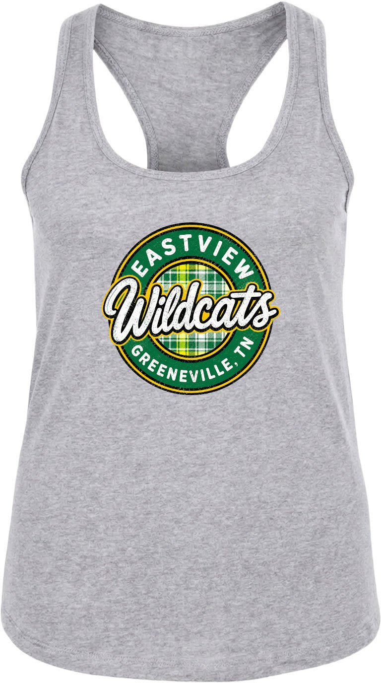A gray tank top with a circular logo that says "EASTVIEW Wildcats Greeneville, TN".