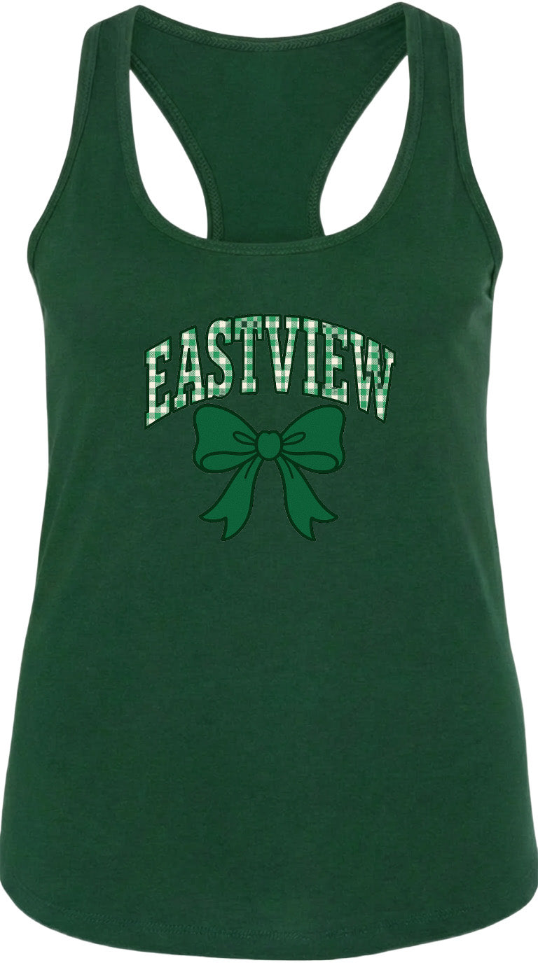 A green tank top with the text "EASTVIEW" and a bow graphic printed on it.
