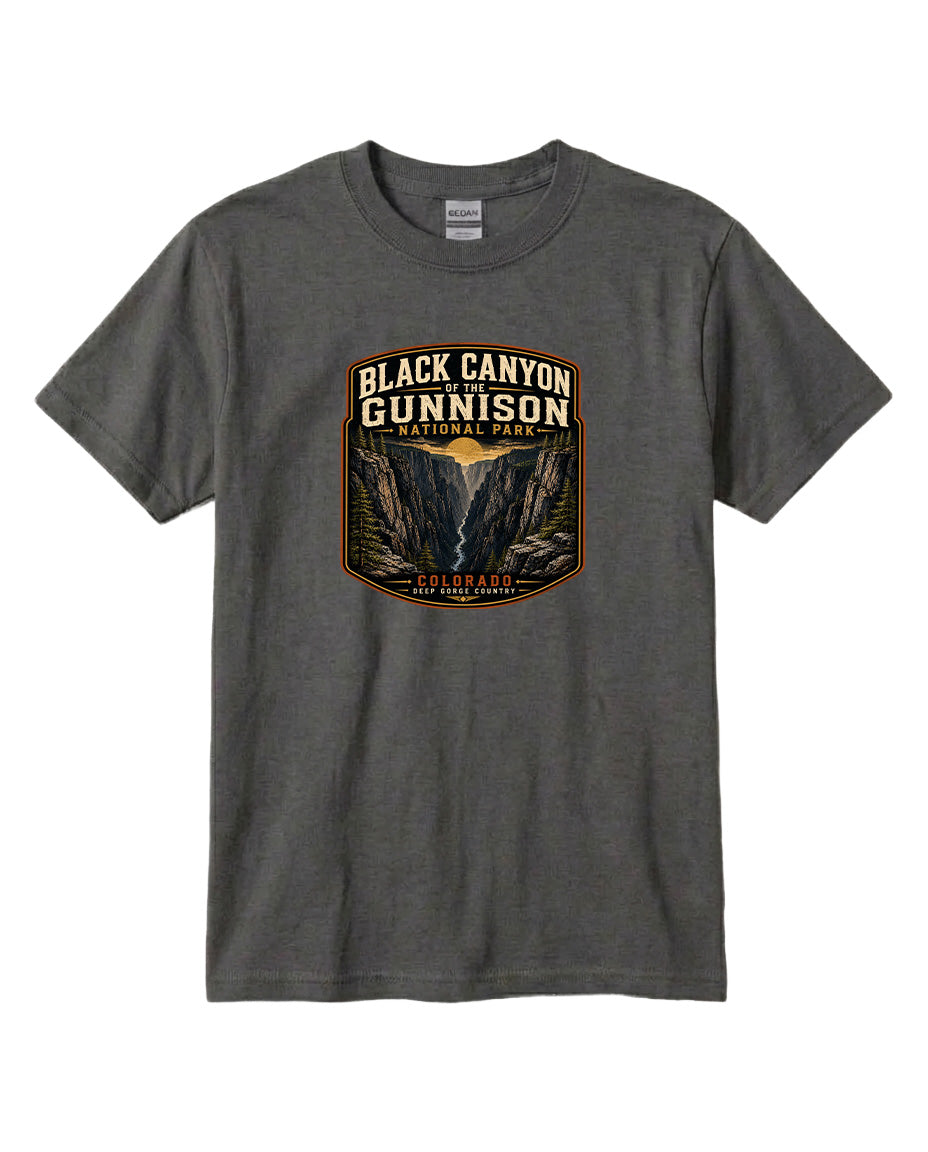 A gray t-shirt with a graphic design depicting the Black Canyon of the Gunnison National Park.