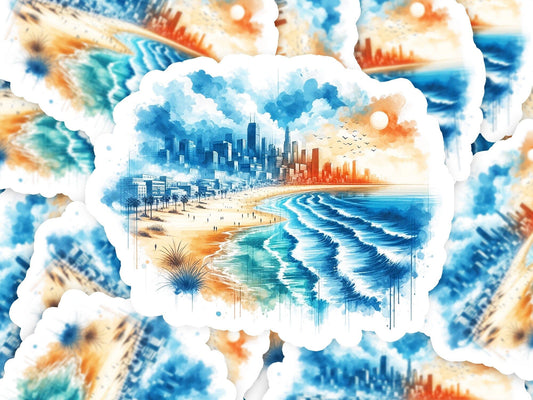 a watercolor painting of a city on a beach