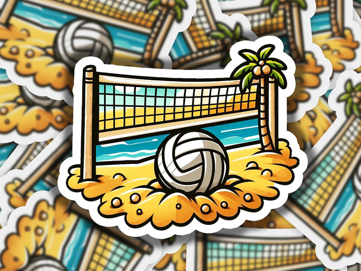 a sticker of a beach volleyball ball and net