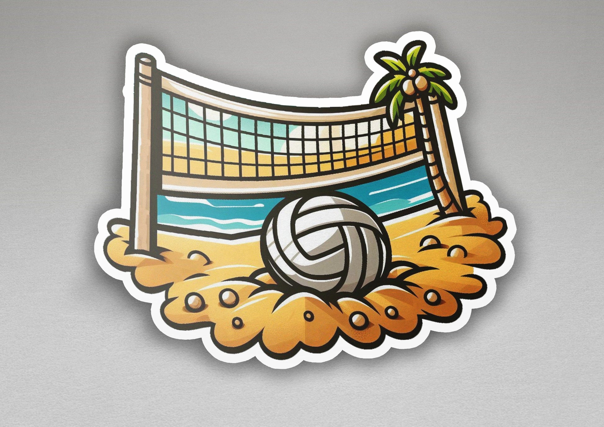 a sticker of a beach volleyball ball and net