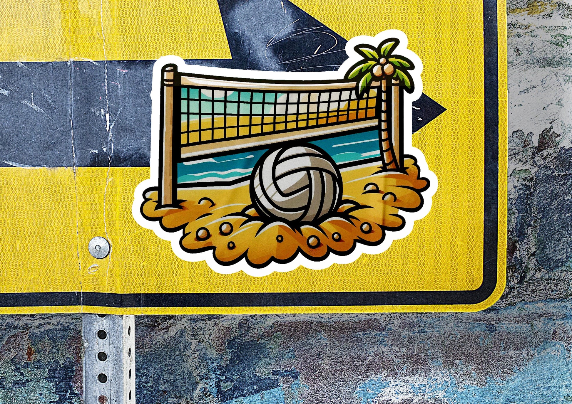 a sticker of a volleyball ball on a beach