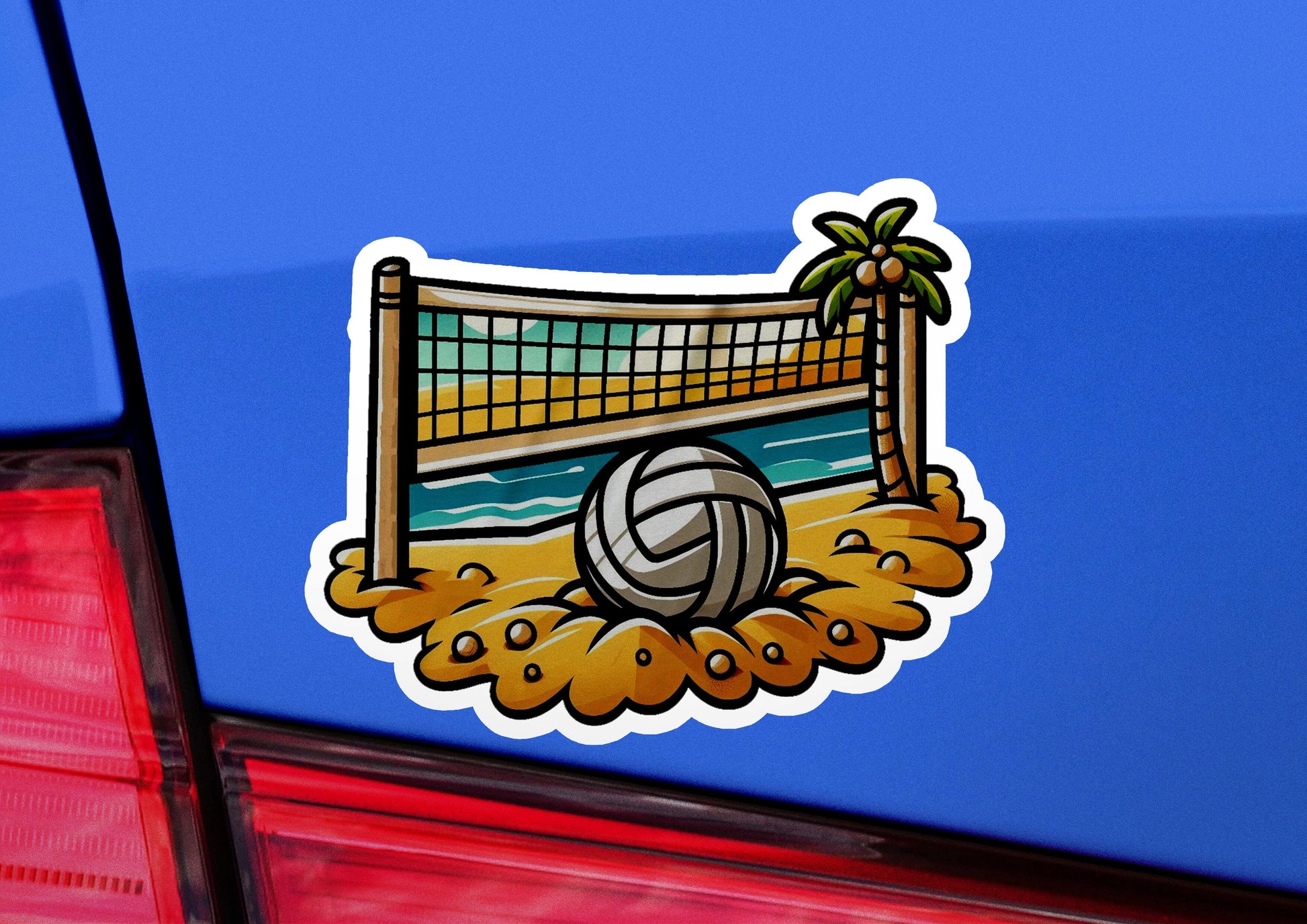 a sticker of a volleyball ball and net on the back of a car