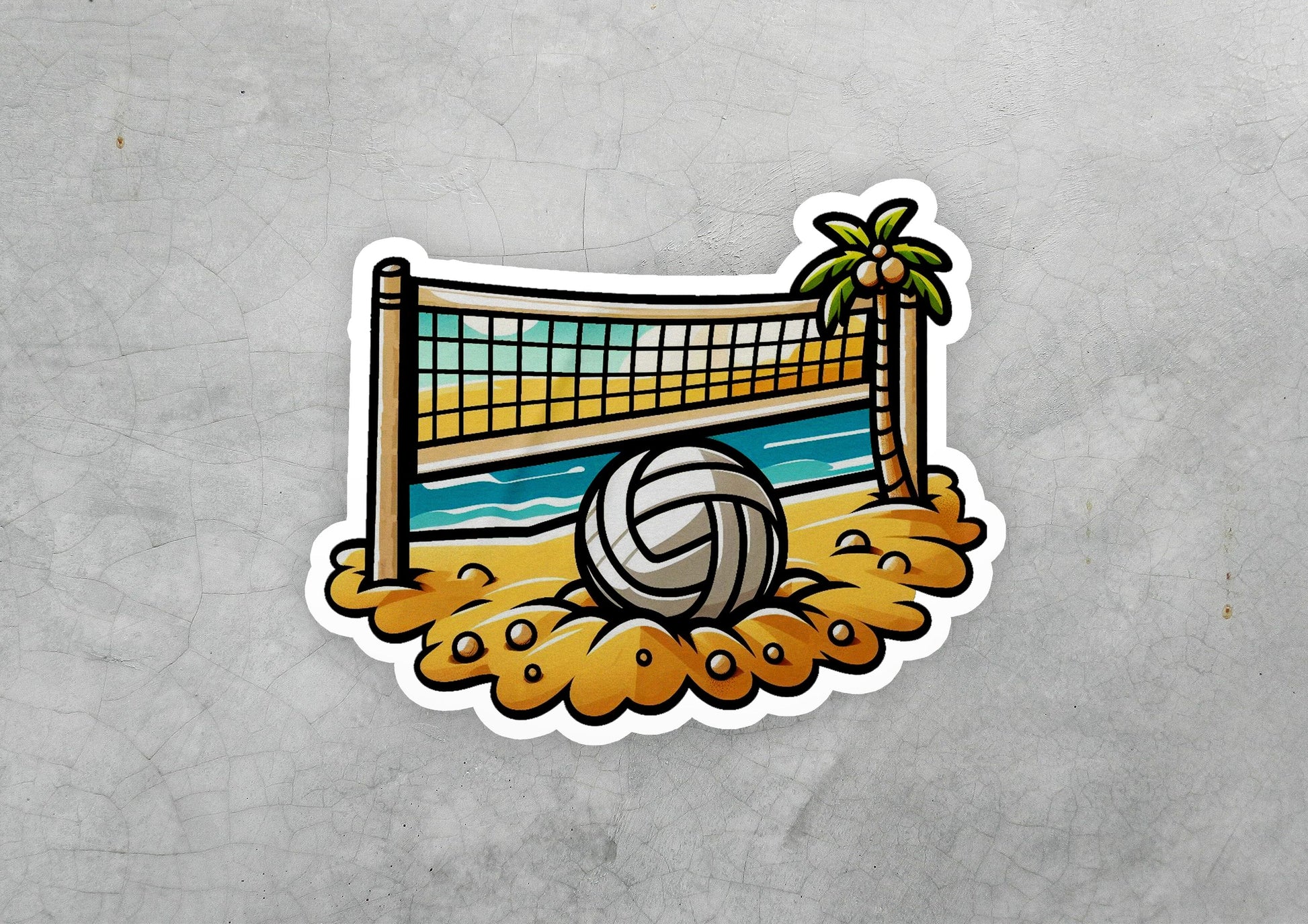 a sticker of a beach volleyball ball and net