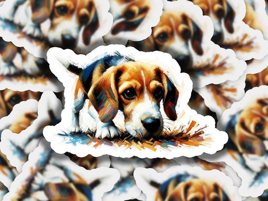 a picture of a dog with his head on a sticker