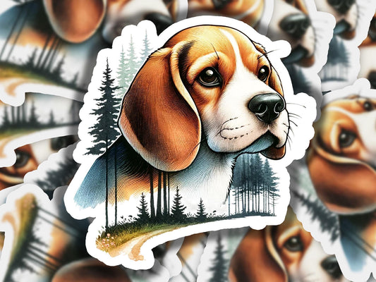a sticker of a dog with trees in the background