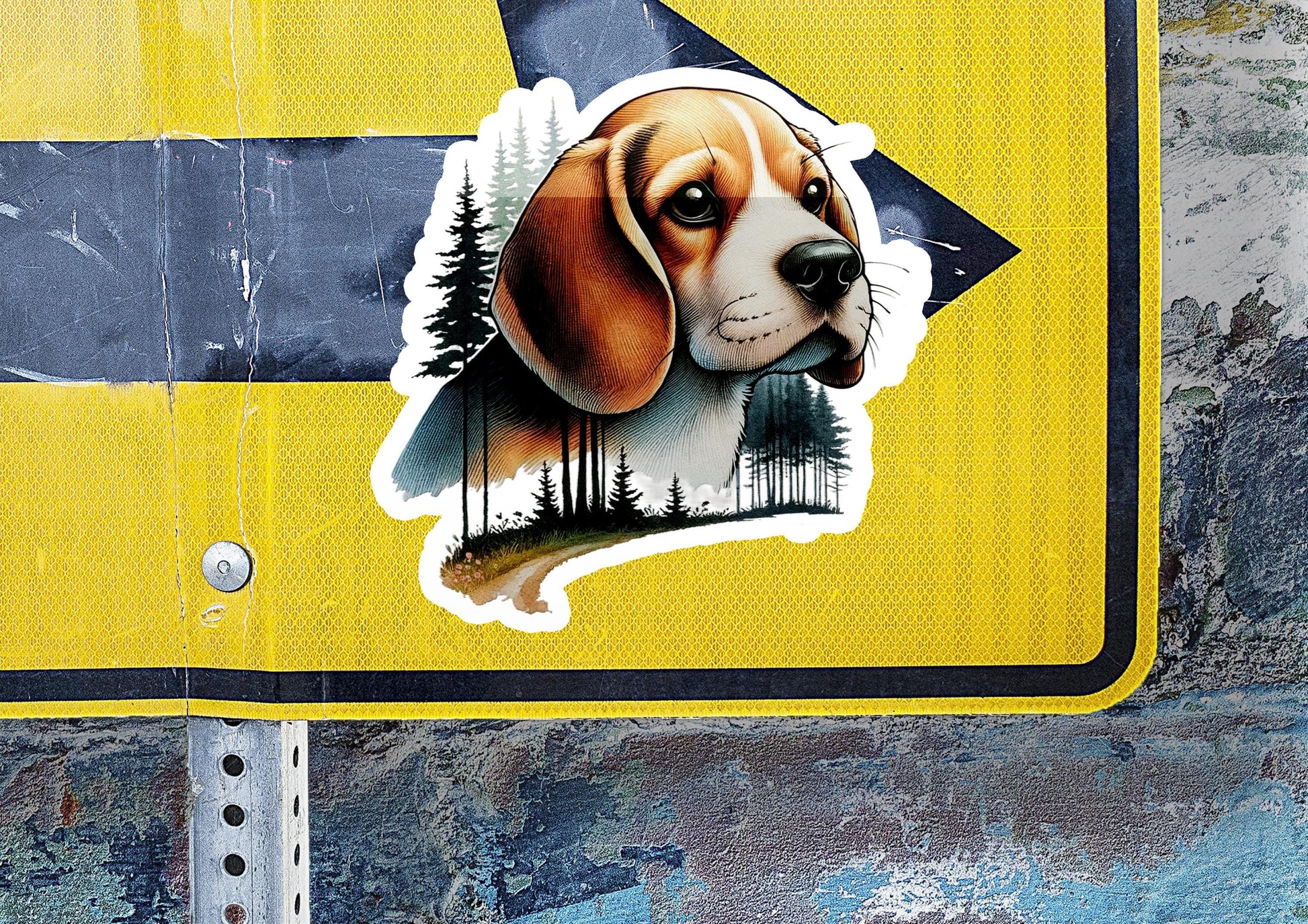 a sticker of a dog with a forest scene on it