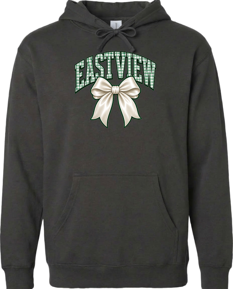 A black hoodie with a graphic design on the front. The design features a white bow and the word "EASTVIEW" written in a stylized font.